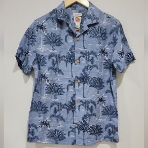 C&C California 100% Linen Blue Palm Tree Print Short Sleeve Men's Shirt Size S